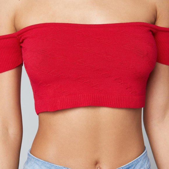 Off Shoulder Bebe Jacquard Logo Crop Top - Picture 2 of 8